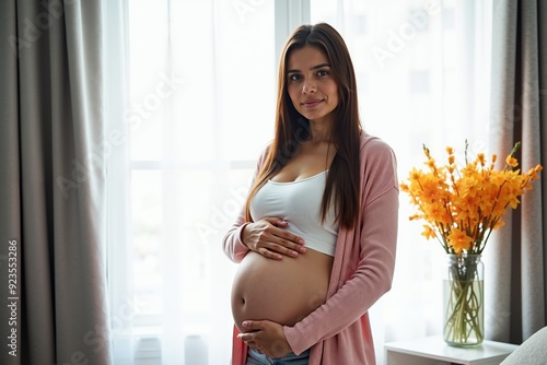 photo of pregnant woman relaxing standing both hands touching her belly at her house, generative AI Free Download photo of pregnant woman relaxing standing both hands touching her belly at her house, generative AI - GFXLoad