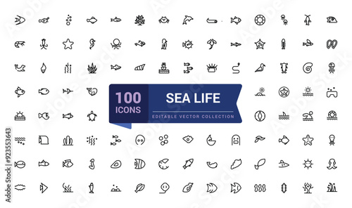 Set of sea life icons set. Pixel perfect, minimalistic web and UI icon. Outline icon collections. Editable vector illustration.