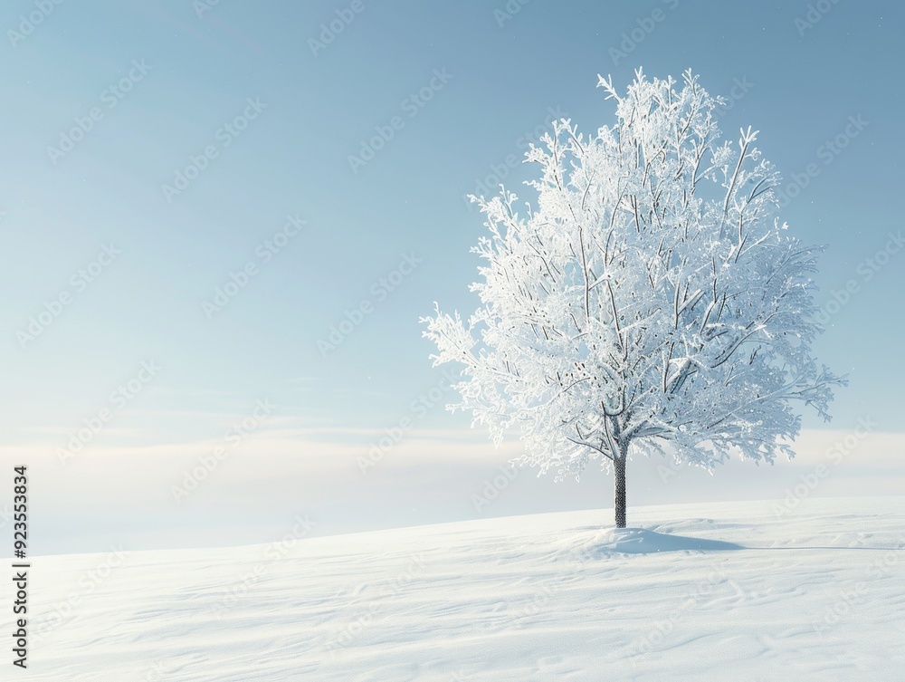 Lone snow-covered tree standing in a vast winter landscape minimal winter scene Lone snow-covered tree standing in a vast winter landscape minimal winter scene