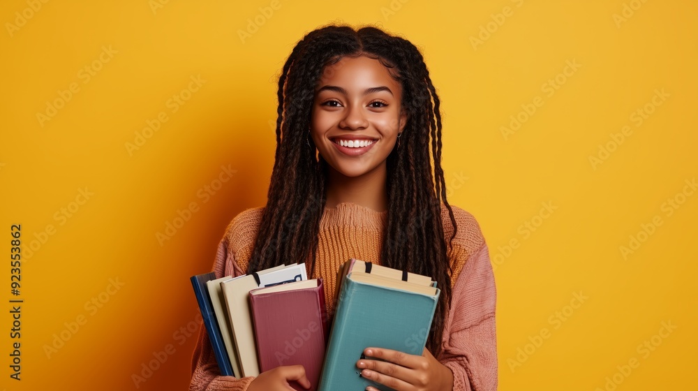 A happy girl holding several books in her hands on the yellow background. A happy girl holding several books in her hands on the yellow background.