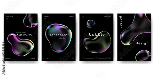 Transparent realistic iridescent bubble of different shapes and place for text.Creative posters, flyers,cover set .Glowing soap bubbles on black background.Vector template with iridescent 3D shapes 