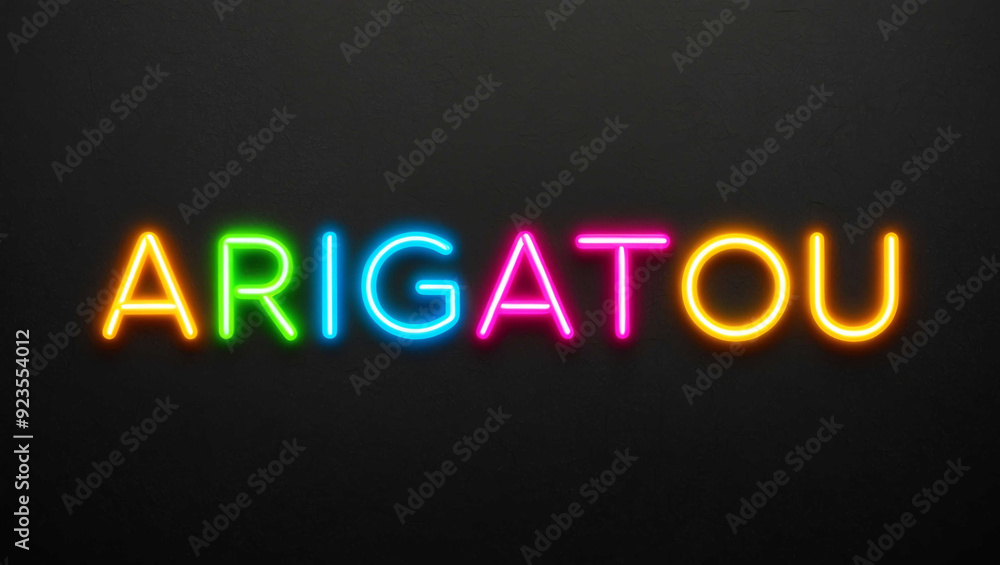 arigatou colorful neon lettering on plain dark black background arigatou colorful neon lettering on plain dark black background
