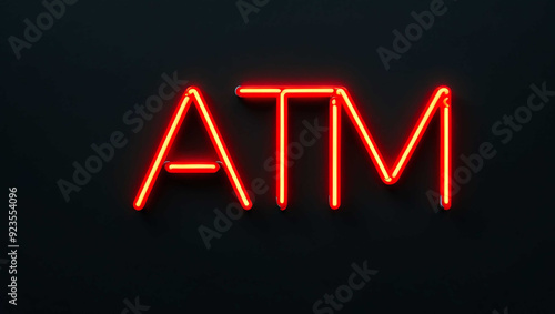 atm red neon lettering on plain dark black background