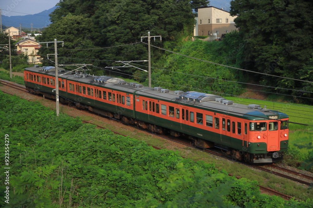 Naklejka premium 夕焼けに染まる夏の軽井沢を走行するしなの鉄道115系電車(湘南色)_2024/8/3撮影