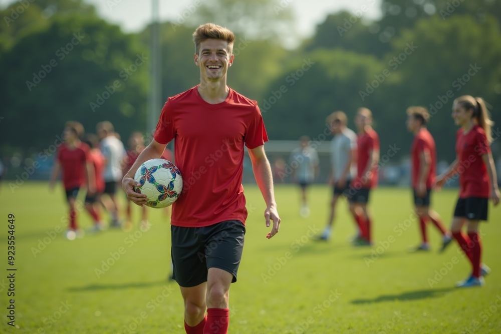 Fototapeta premium photo of teenage youth soccer player at soccer field, generative AI