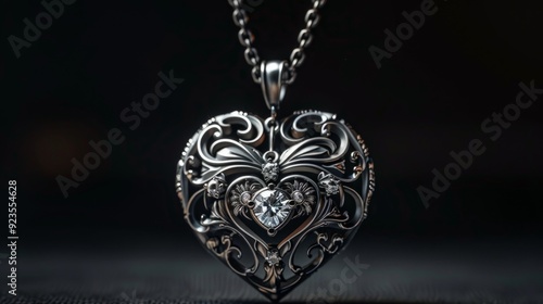 Intricately designed silver heart locket with a diamond centerpiece on a chain