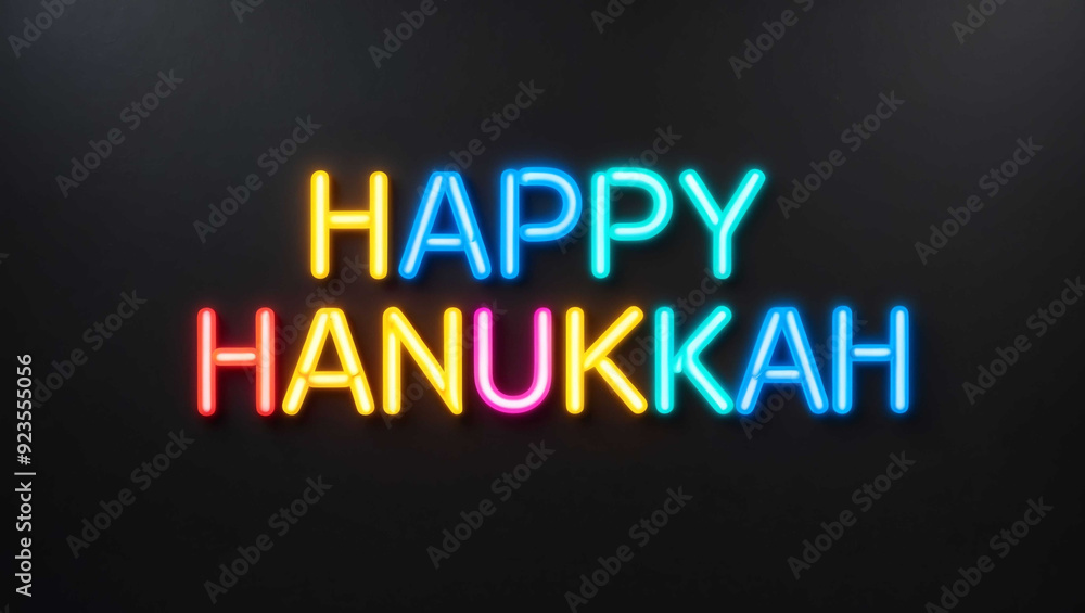 happy hanukkah colorful neon lettering on plain dark black background happy hanukkah colorful neon lettering on plain dark black background