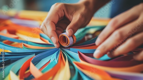 Close-up of hands creating vibrant paper art with colorful strips of paper, showcasing detailed quilling work in progress.