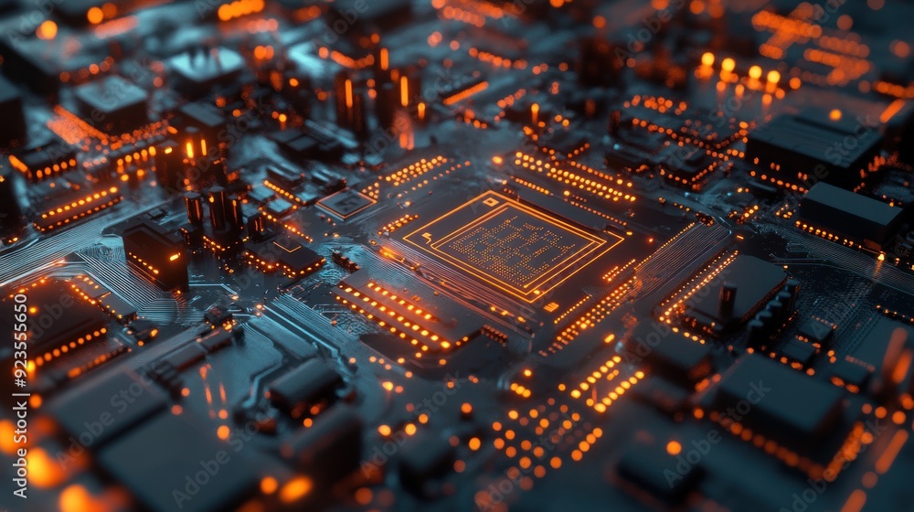 Circuit Board with glowing orange lights Circuit Board with glowing orange lights