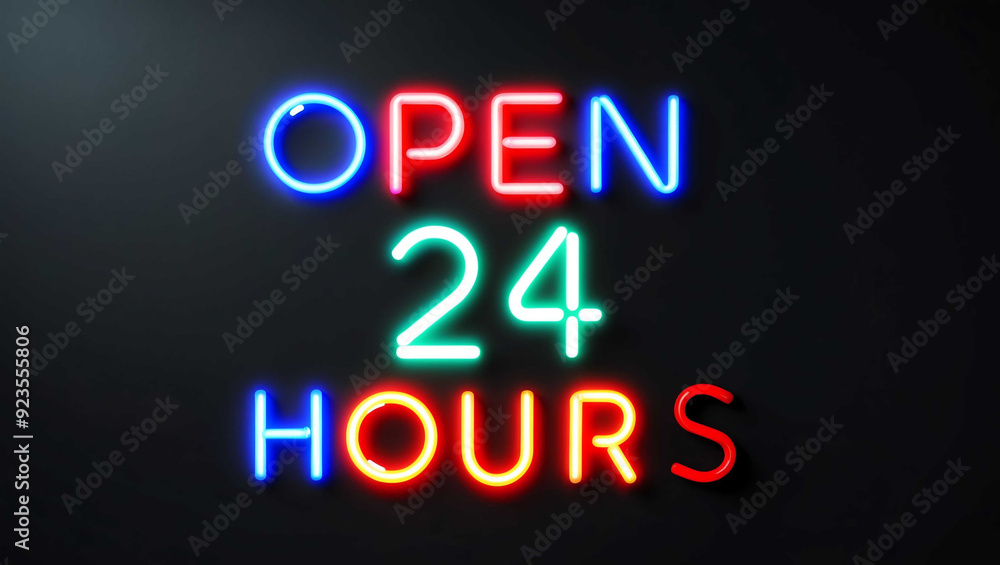 open hours colorful neon lettering on plain dark black background open hours colorful neon lettering on plain dark black background