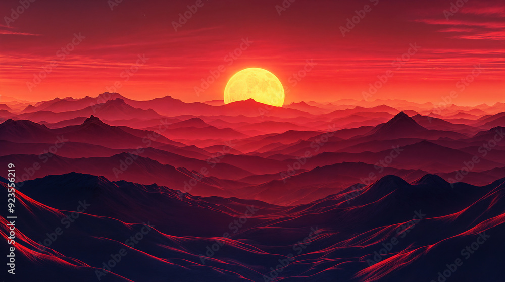 Mountain landscape with full moon in red sunset sky. Fantasy scenery, nature background for travel, adventure, and inspiration. Ideal for posters, banners, and website headers Mountain landscape with full moon in red sunset sky. Fantasy scenery, nature background for travel, adventure, and inspiration. Ideal for posters, banners, and website headers
