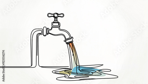 Water tap with flowing water in one line art style. Minimalist illustration for plumbing, water conservation, and environmental topics. Ideal for web graphics and infographics photo