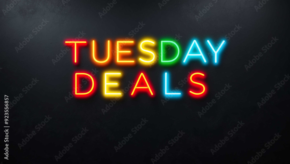 tuesday deals colorful neon lettering on plain dark black background tuesday deals colorful neon lettering on plain dark black background