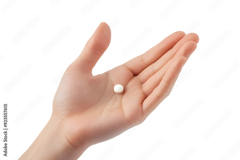 Single white capsule pill on the palm of a hand isolated on white background