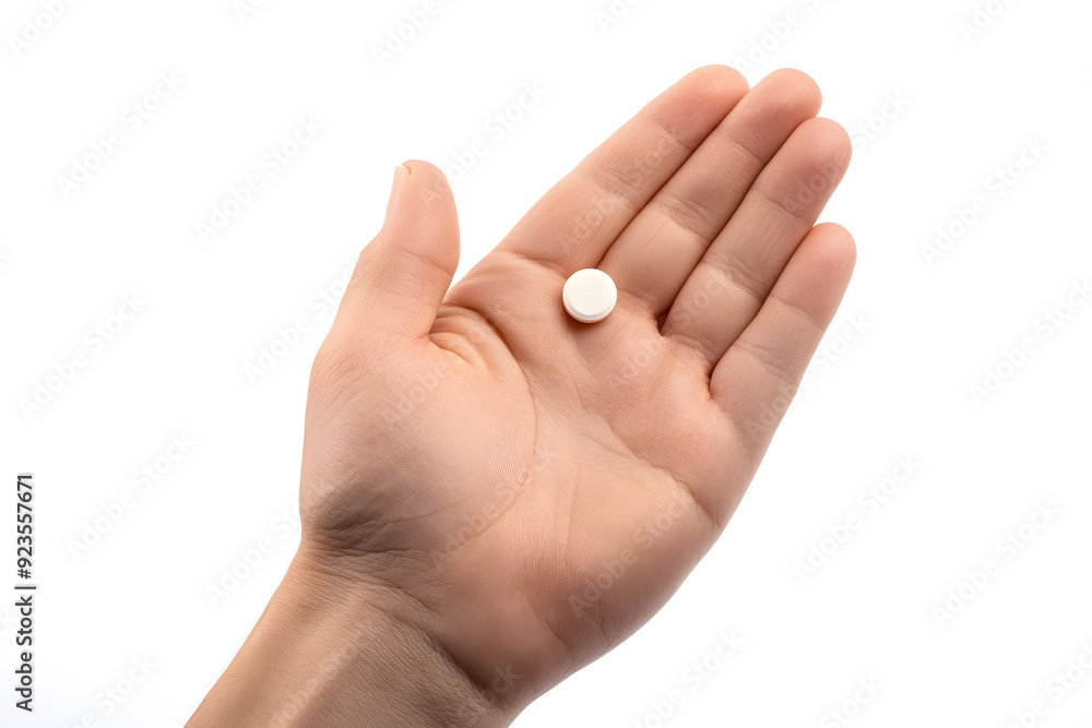 Single white capsule pill on the palm of a hand isolated on white background Single white capsule pill on the palm of a hand isolated on white background