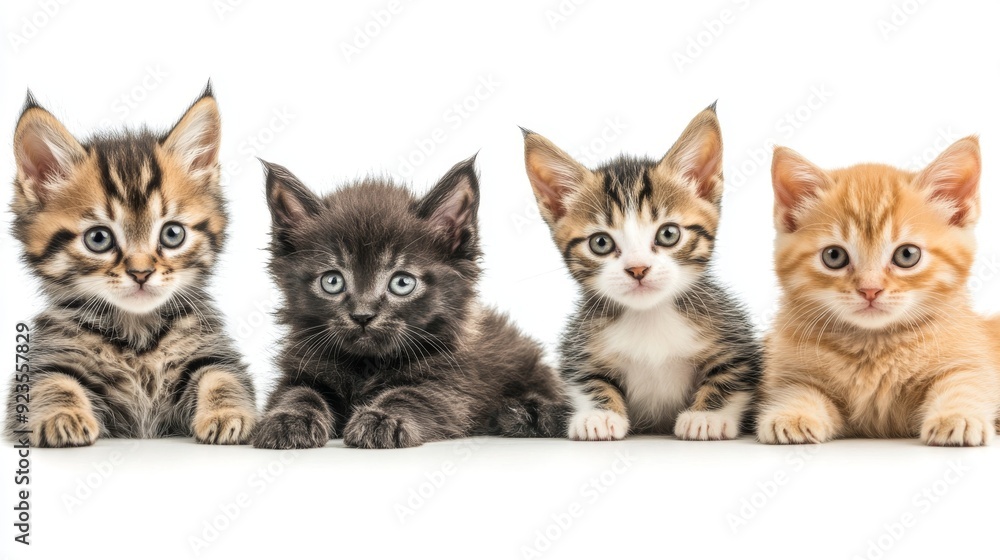 An isolated white background shows puppies and kittens seated together, representing a friendship between animals An isolated white background shows puppies and kittens seated together, representing a friendship between animals