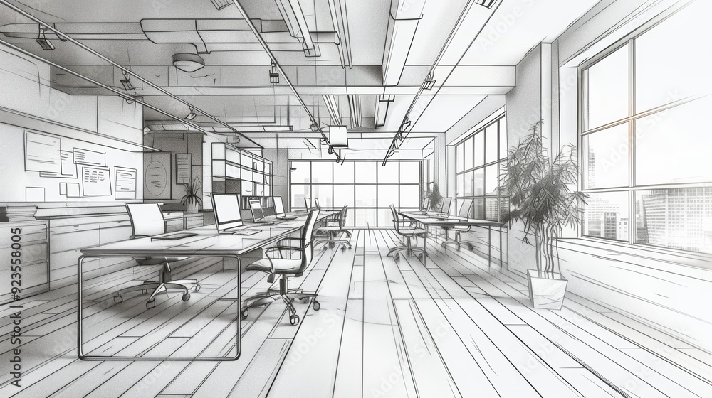 Office interior outline sketch. Workspace. Desk. Chairs and window. Vector illustration in sketch style. Office interior outline sketch. Workspace. Desk. Chairs and window. Vector illustration in sketch style.