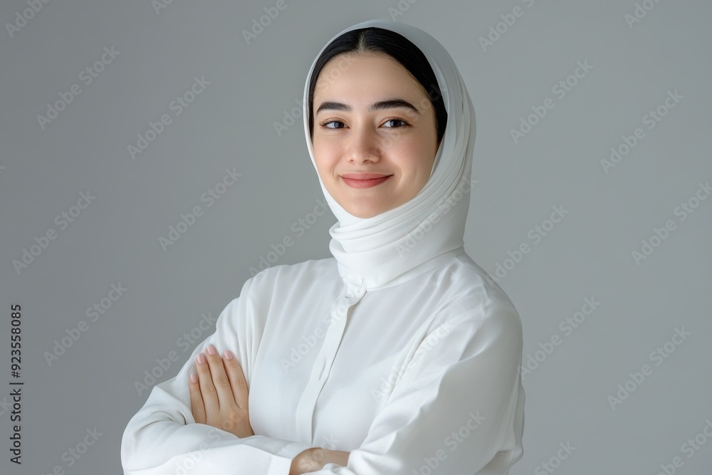 Standing arms crossed, a smiling Arab middle eastern woman in white hijab, isolated on transparent background Standing arms crossed, a smiling Arab middle eastern woman in white hijab, isolated on transparent background