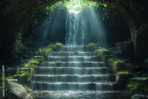 ancient cave ruins with cascading waterfall sunlight streaming through fractured ceiling mosscovered stone staircase fantasy adventure setting photo