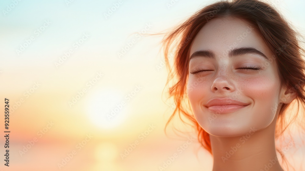 Tranquil Woman in Watercolor Style Embracing Serenity with a Soft Smile on Peaceful Background Tranquil Woman in Watercolor Style Embracing Serenity with a Soft Smile on Peaceful Background