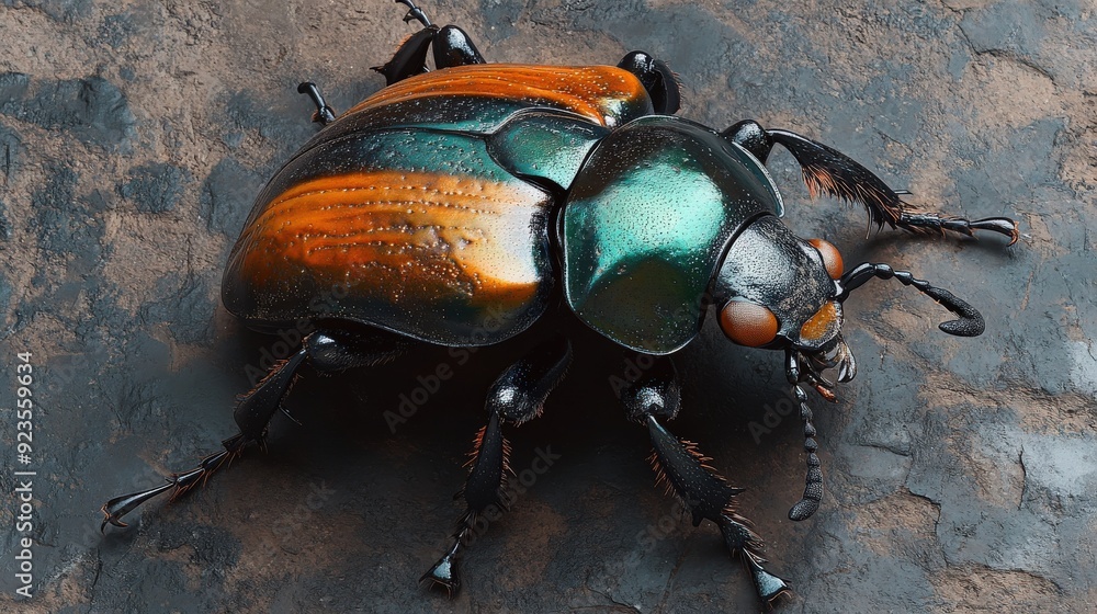 Vibrant beetle on dark textured surface - detailed full body shot wildlife photography concept. Vibrant beetle on dark textured surface - detailed full body shot wildlife photography concept.