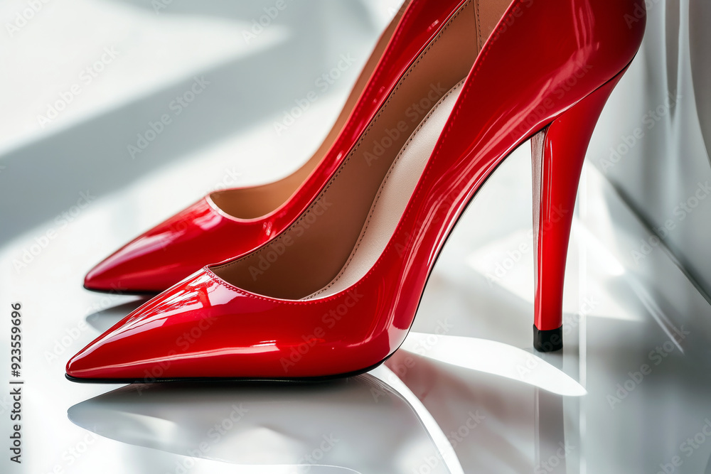 Close-up of elegant high heels in vibrant red, displayed on a glossy white surface with a soft shadow. Close-up of elegant high heels in vibrant red, displayed on a glossy white surface with a soft shadow.
