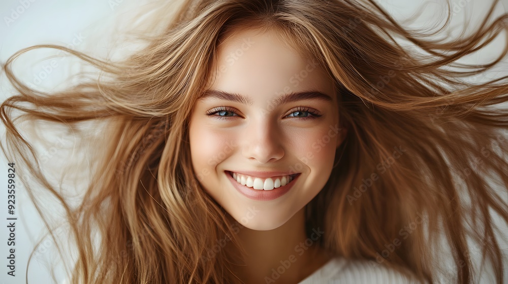 Fototapeta premium Beautiful young woman with long flowing hair, radiant smile, white background, copy space for text, hair in motion, soft natural lighting, glowing skin, white casual top, carefree expression.