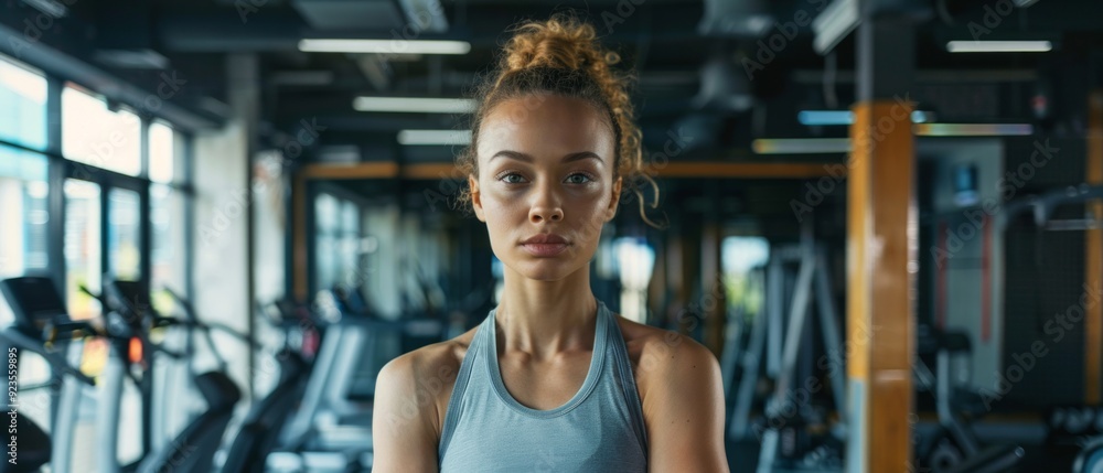 Obraz premium Serious young woman in grey tank top stands in gym with exercise equipment like treadmills and cycling machines in blurred background.