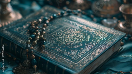 Islamic Concept Photo - Holy Quran with Arabic calligraphy written on it. Meaning of the Quran and Rosary or Tasbih. Arabic word translation: Holy Quran (Muslim Holy Book).