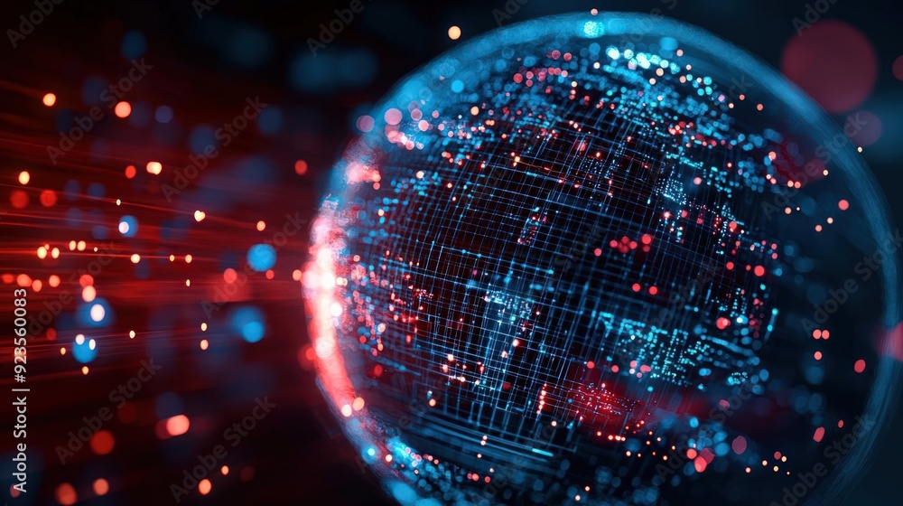 Holographic globe with robust malware prevention grids, cybersecurity, protection Holographic globe with robust malware prevention grids, cybersecurity, protection