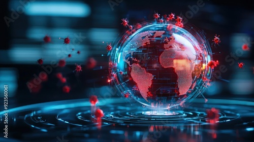 Holographic globe with malware detection hotspots, cybersecurity, protection