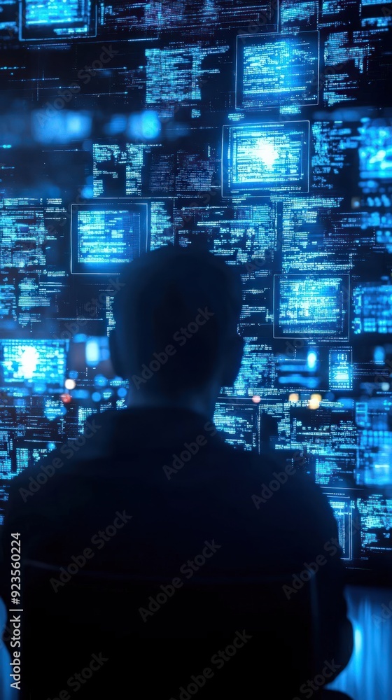 Human figure analyzing malware detection data in realtime, cybersecurity, detection Human figure analyzing malware detection data in realtime, cybersecurity, detection