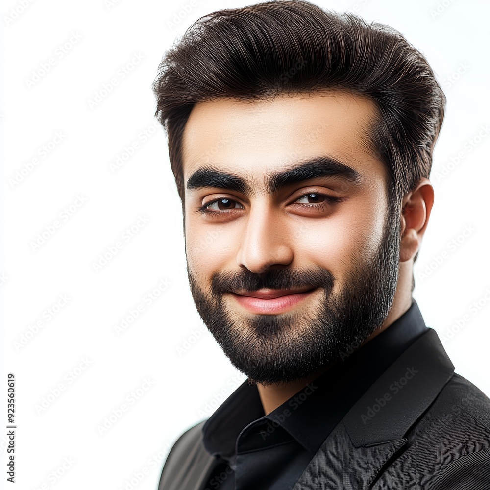 Fototapeta premium A smiling young man posing for a headshot face forward on a transparent background.