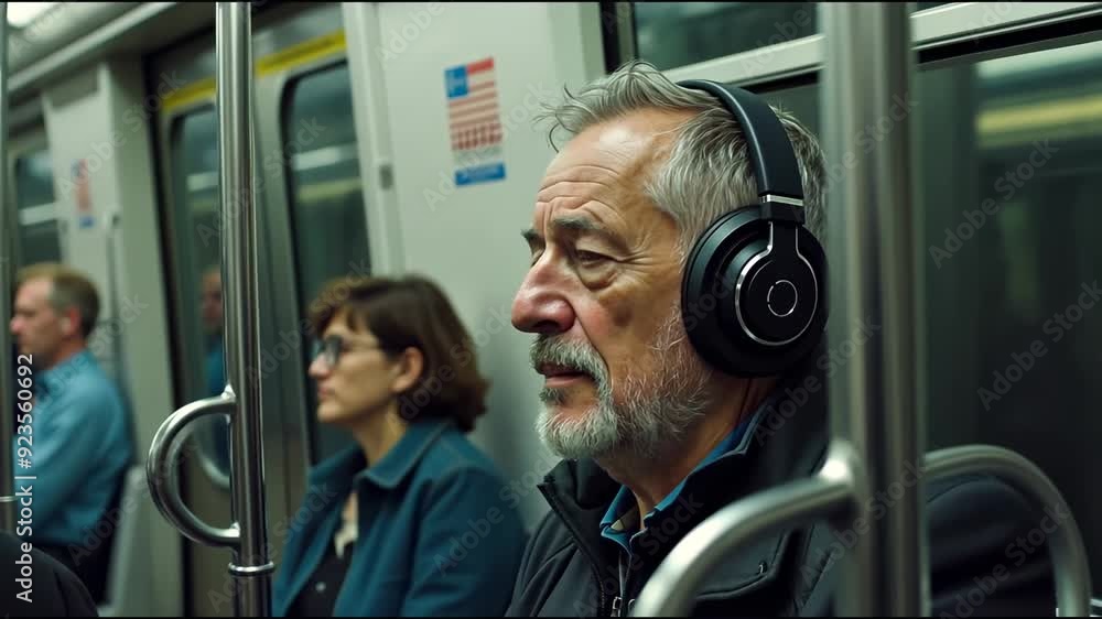 A man wearing headphones is sitting on a subway train. The man is wearing a black jacket and a gray hat. The train is crowded with people A man wearing headphones is sitting on a subway train. The man is wearing a black jacket and a gray hat. The train is crowded with people