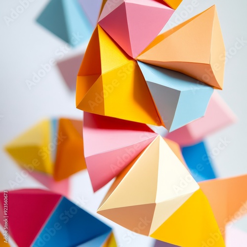 Colorful geometric paper shapes creating a vibrant, abstract background. Ideal for creative design projects and modern art displays.