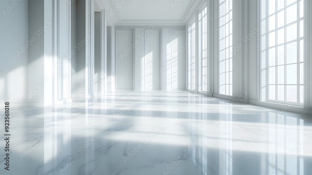 Bright minimalist interior, white marble floor, tall windows, dramatic shadow patterns, sunlight streaming in, clean architectural lines, empty spacious room, modern design. Bright minimalist interior, white marble floor, tall windows, dramatic shadow patterns, sunlight streaming in, clean architectural lines, empty spacious room, modern design.
