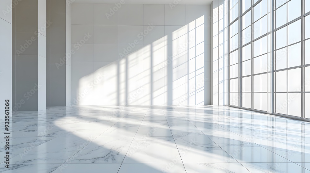 Bright minimalist interior, white marble floor, tall windows, dramatic shadow patterns, sunlight streaming in, clean architectural lines, empty spacious room, modern design. Bright minimalist interior, white marble floor, tall windows, dramatic shadow patterns, sunlight streaming in, clean architectural lines, empty spacious room, modern design.