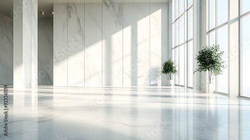 Bright minimalist interior, white marble floor, tall windows, dramatic shadow patterns, sunlight streaming in, clean architectural lines, empty spacious room, modern design.