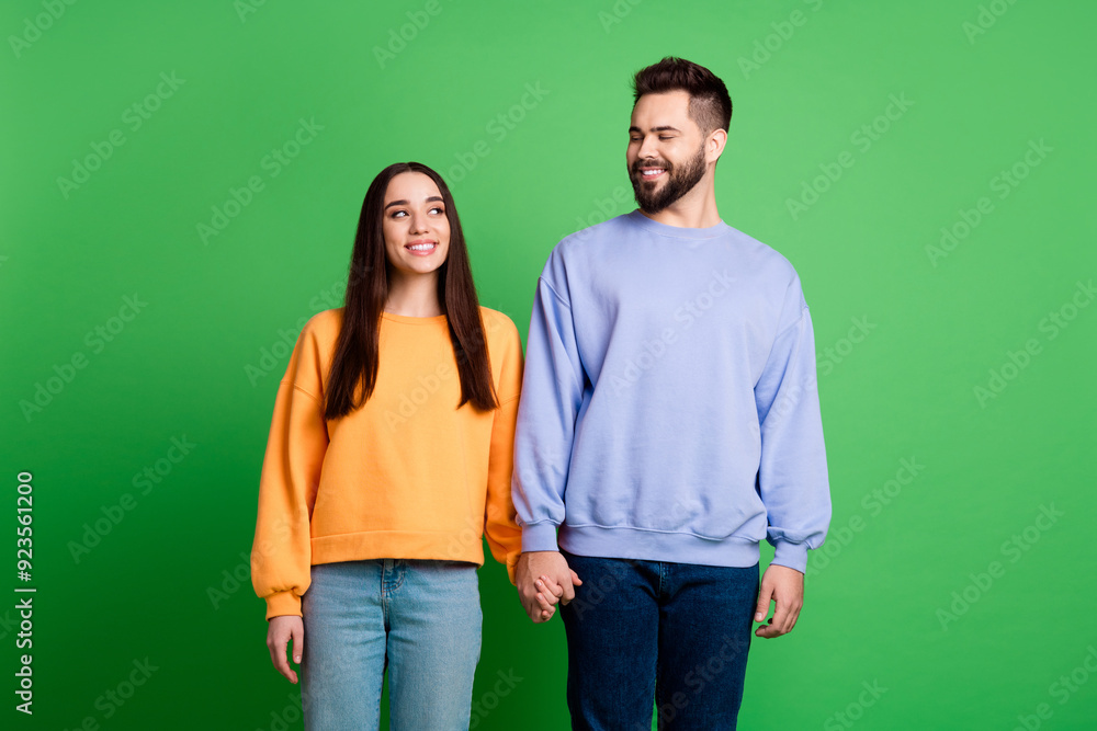 Photo of happy charming couple wear stylish sweatshirt look each other isolated on green color background Photo of happy charming couple wear stylish sweatshirt look each other isolated on green color background