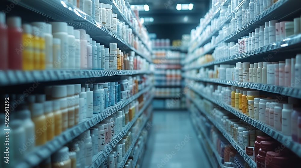 A clean and well-organized pharmacy interior featuring rows of shelves filled with various medical supplies and cosmetic products. A clean and well-organized pharmacy interior featuring rows of shelves filled with various medical supplies and cosmetic products.