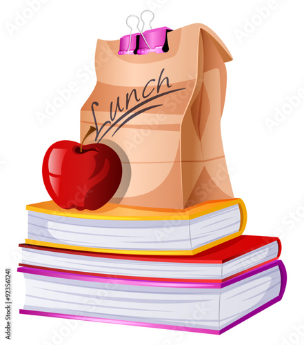 Book Stack with Lunch Bag & Apple on Top - School Necessities Vector Illustration 