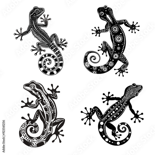 Four different black and white lizard designs. The first one is a small lizard with a long tail