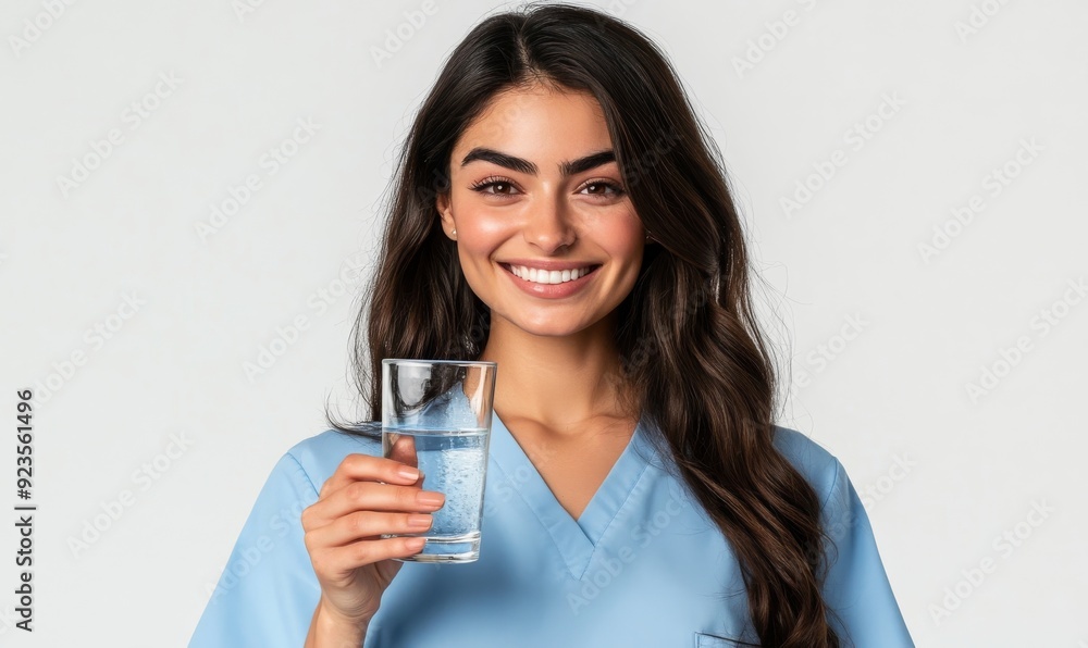 Young woman holding a glass of water with a smile, isolated on transparent background Young woman holding a glass of water with a smile, isolated on transparent background