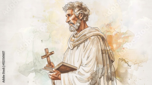 Apostle Philips Evangelistic Mission with Cross and Book - Biblical Illustration on Beige Background with Copyspace photo