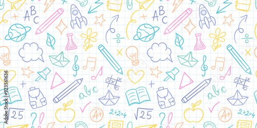 Pastel school banner, vector repeat backgorund with school supply doodles, white