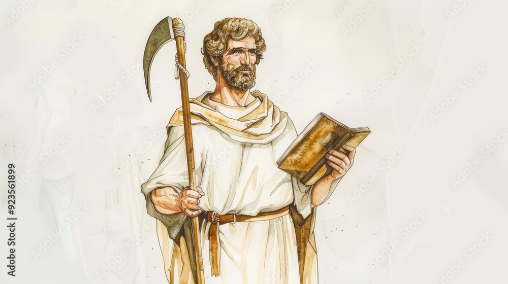 Obraz premium Apostle Matthiass Apostolic Work and Martyrdom - Biblical Illustration on Beige Background with Copyspace