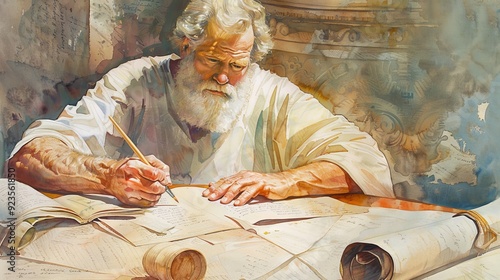 Apostle Paul Writing Epistle Surrounded by Scrolls Religious Illustration on Beige Background with Copyspace Perfect for Scripture and Faith-Based Projects
