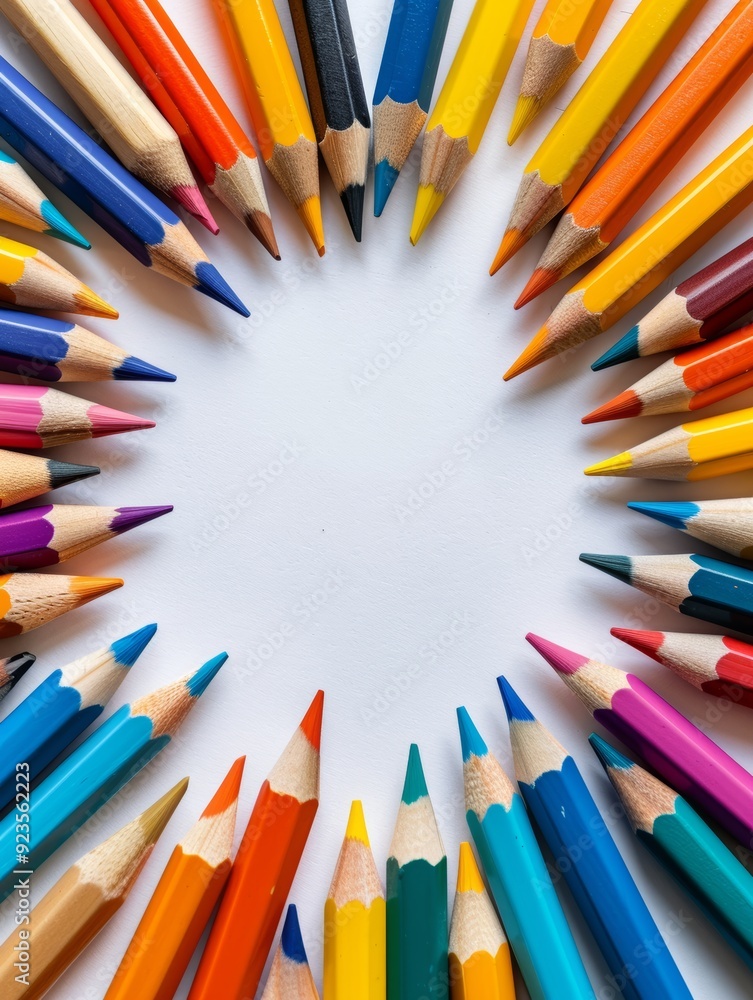 Colorful Back to School Frame Background with Pencils in Circular Arrangement on White Surface Colorful Back to School Frame Background with Pencils in Circular Arrangement on White Surface