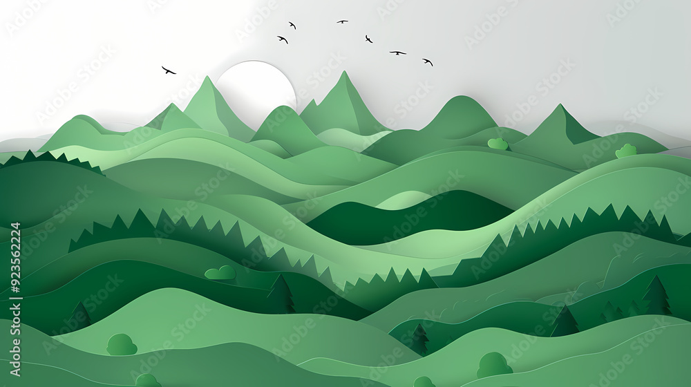 Green nature mountains landscape.3d Paper cut abstract minimal nature scene, template background.Vector illustration. Green nature mountains landscape.3d Paper cut abstract minimal nature scene, template background.Vector illustration.