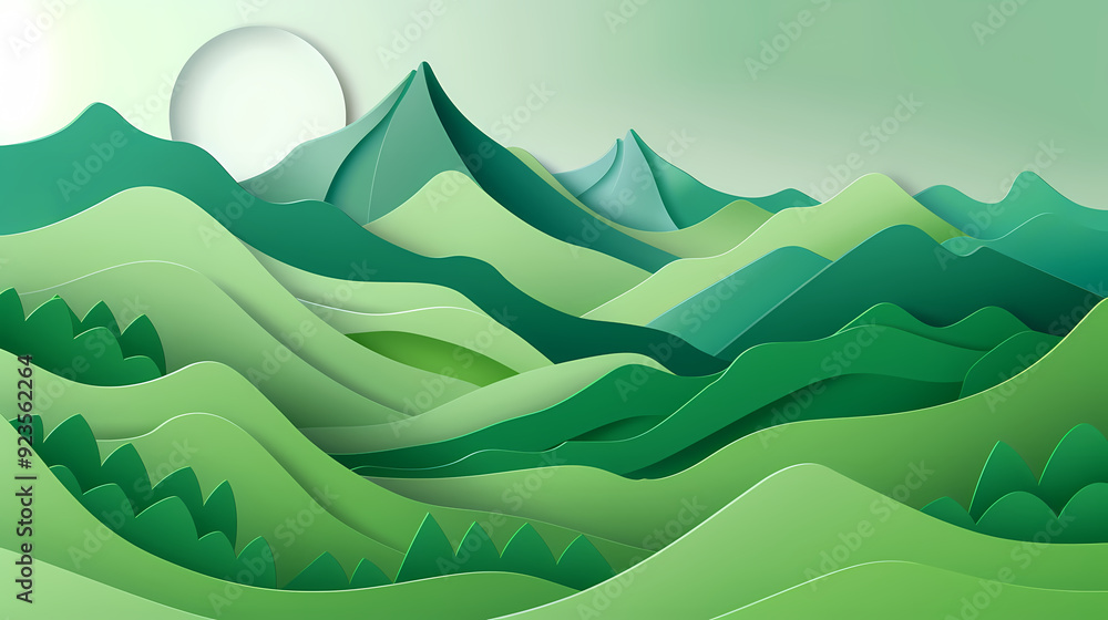 Green nature mountains landscape.3d Paper cut abstract minimal nature scene, template background.Vector illustration. Green nature mountains landscape.3d Paper cut abstract minimal nature scene, template background.Vector illustration.